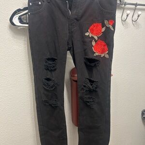 Black Distressed Jeans with Red Rose Embroidery